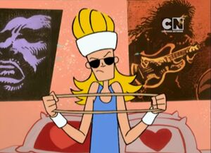 Johnny Bravo working out to become buff to impress his prom date.