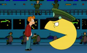 Pac-Man meets Fry in Futurama.
