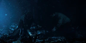 Joyce and Bob finding Hopper lying on the ground, entangled in vines.