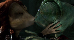 Beans kissing Rango as he rescues her