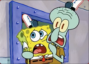 SpongeBob and Squidward screaming.