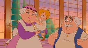 Mrs. Potts telling Chip that Belle and Prince Adam will live happily ever after.