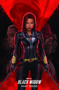 Black Widow on a D23 poster for her titular 2020 film, Black Widow, that is a sequel to Civil War and a prequel to Infinity War.