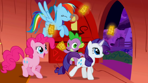 Rainbow Dash, Rarity and Pinkie Pie taking their tickets S01E03