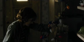 Joyce guiding the strand of lights.