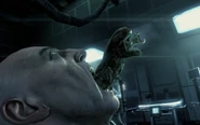 Specimen Six as a chestburster escaping from her host's mouth, showing her increased intelligence compared to other Xenomorphs