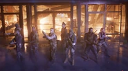 Dempsey, Nikolai, Richtofen, Takeo, Weaver, Grey, Carver and Maya preparing to face the threats while hearing The Warden's voice echo to escape from The Warden.