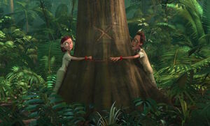 Linda and Tulio tied to a marked tree by the loggers.