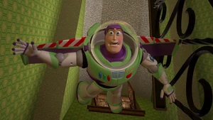 Buzz falls towards the stairs.