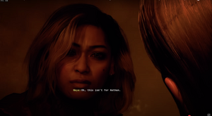 Maya telling Franco that this is for herself and not her brother, Nathan, before killing him, her heroic stare.