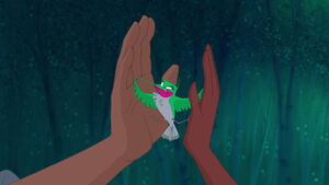 Flit breaking apart Pocahontas and John when they touch hands.