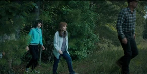 Joyce, Mike, and Hopper walking out of the woods to see what is going on.