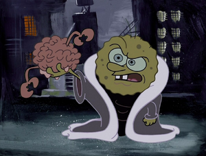 SpongeBob as a creepy mad doctor holding a Crab brain.