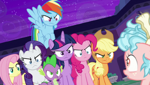 Mane Seven glaring at Cozy Glow S8E26