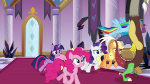 Mane Six follow Discord down the hall S9E2