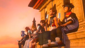 Xion with Isa, Lea, Roxas, Hayner, Pence, and Olette