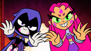 Raven and Starfire about to poke Robin, Beast Boy, and Cyborg for cooties.