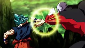 Super Saiyan Blue Goku fighting Jiren in their second fight