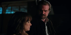 Joyce being gently lectured by Hopper that grief never goes away, but she has got to learn to live with it.