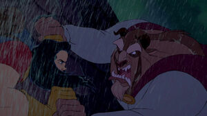 Beast and Gaston glaring at each other as they duel on the castle rooftops.