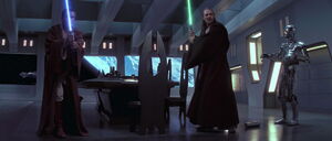 Obi-Wan and Qui-Gon suddenly ignite their lightsabers when sensing the destruction of their ship.