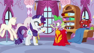 Spike modeling Rarity's phoenix dress S8E11