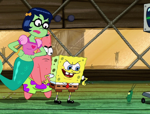 SpongeBob, Patrick, and Mindy facing Plankton