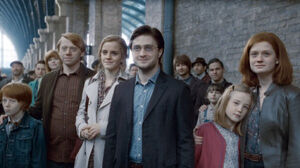 An older Harry with Ginny, Ron and Hermione as they see their older children go to Hogwarts.
