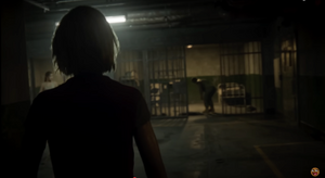 Grey and Carver watching Maya arriving at the cell block after exiting the cell rooms.