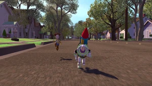 Woody and Buzz running and race after the truck by the family van