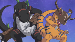 DarkTyrannomon vs Greymon and Taichi