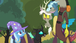 Trixie, Thorax and Discord look at each other S6E26