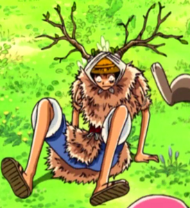 Luffy's disguise as a reindeer in One Piece Film: Chopper's Kingdom on the Island of Strange Animals.