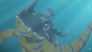 Taichi and Greymon in underwater