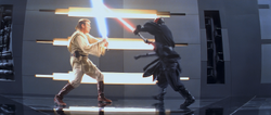 Obi-Wan dueling against Maul for the first time
