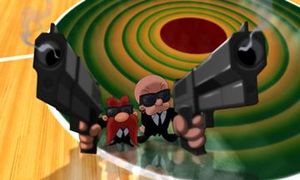 Elmer Fudd and Yosemite Sam with guns in Space Jam