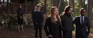 Scarlet Witch with Falcon and Bucky, attending Stark's funeral.