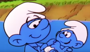 Grouchy Smurf's endearing smile after rescuing Baby Smurf from Gargamel.