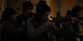 Joyce, Jonathan, Nancy, Steve, and Max hearing the demodogs approaching.