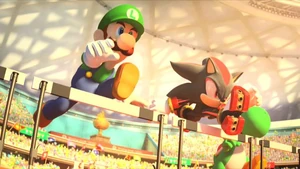 Shadow along with Luigi and Yoshi jumping over the hurdles in Mario & Sonic at the Olympic Games.