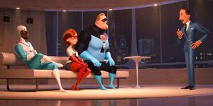 Winston Deavor with Mr. Incredible, Elastigirl and Frozone