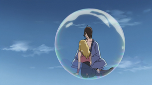 Utakata travelling inside one of his bubbles.