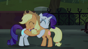 Applejack and Rarity hugging S5E16