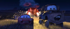 ...before an angry harvester tractor named Frank chases them out.