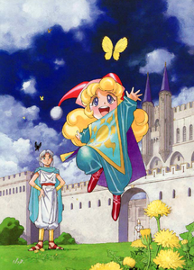 Promo artwork of Charlotte playing in a garden with Heath with the Priest of Light watching them both.