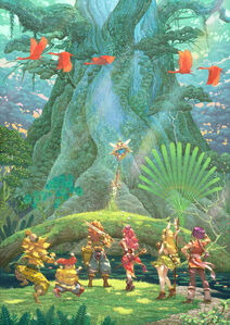 Promo artwork for the release of the Trials of Mana remake featuring Duran, the other heroes, and Faerie.