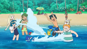 Ash and Sophocles vs. Lana, Mallow and Lillie in Beach