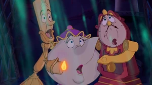 Mrs. Potts, Cogsworth, and Lumière suddenly surprised when Beast levitates up into the air, magically turning back into a human and being revived.