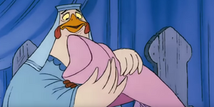 Lady Kluck comforts Maid Marian as Prince John is about to kill Robin Hood