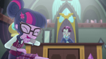 Twilight Sparkle laughing with Principal Cinch in Equestria Girls: Friendship Games bloopers.